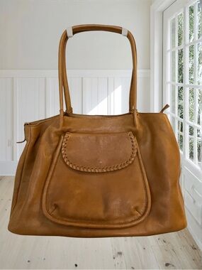 VILENCA HOLLAND Women's Tan Genuine Leather Tote Shoulder Bag Boho Whipstitch